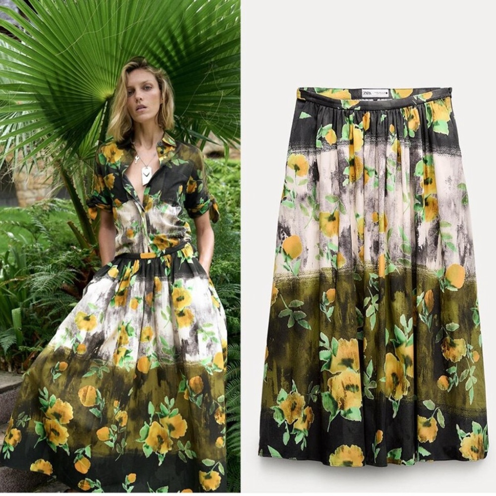 ZARA  WOMAN HIGH-WAIST MIDI ZW COLLECTION FLORAL PRINT SKIRT SIZE XL